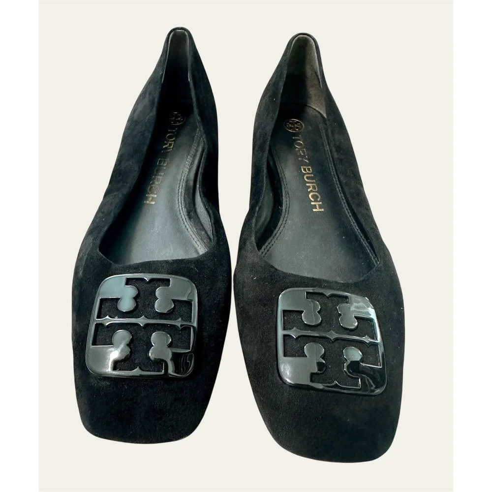 Tory Burch Suede Square Toe Flats Women 9M Black Good Patent Logo‎ Ballet Shoes